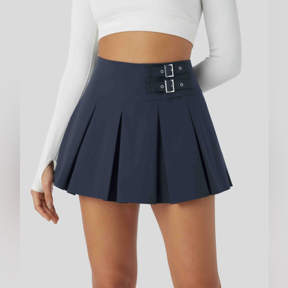 ✨ High Waisted Buckle 2-in-1 Side Pocket Pleated A-Line Mini Skirt XL Sea Storm